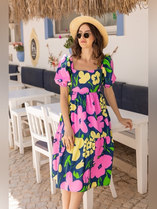 Dresses & Skirts - Floral A line navy dress, babydoll cut, 10